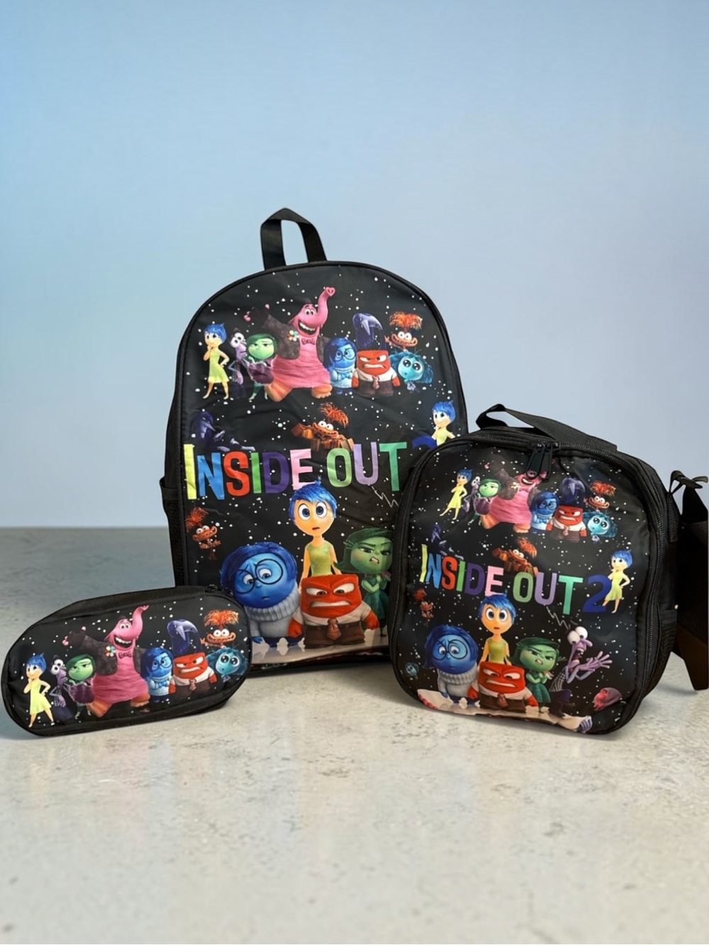 NWOT 3 Piece Inside Out Character Backpack, Linch Tote $ Pencil Case